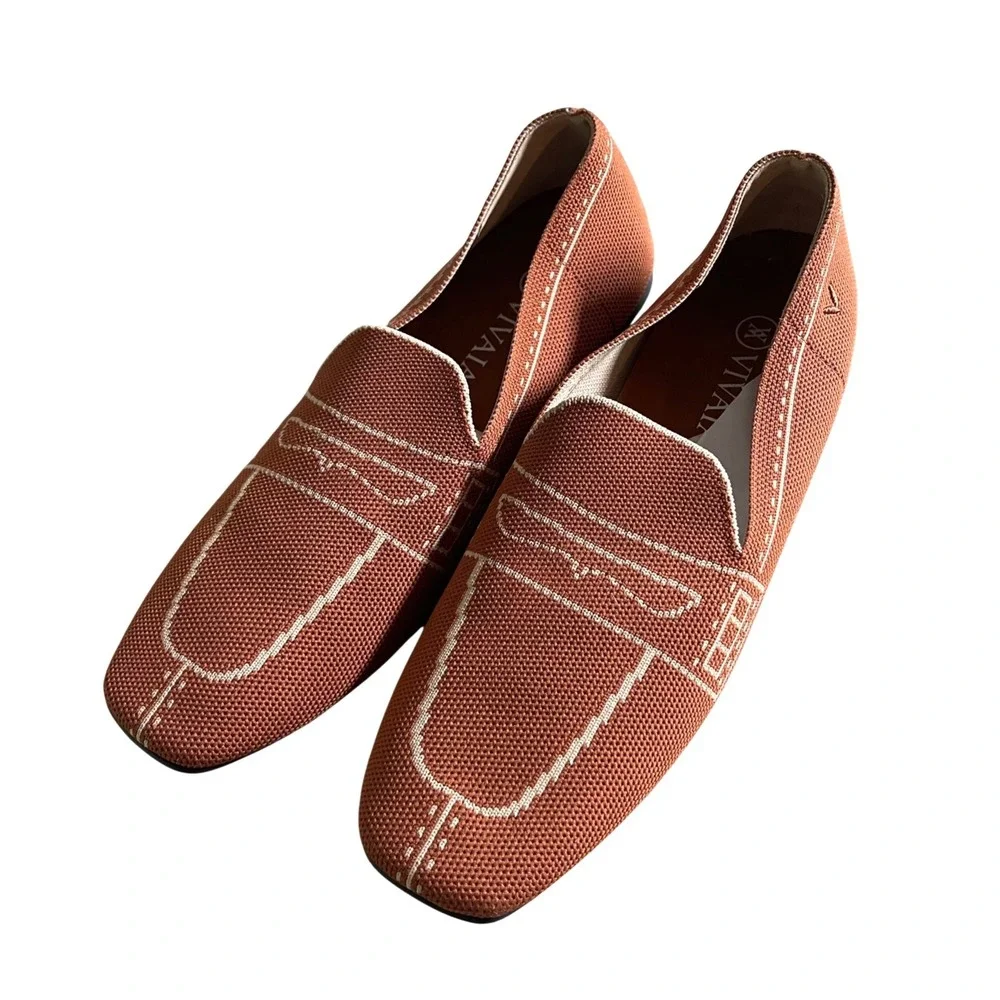 VIVAIA Loafers Womens 41 Rust Orange Knit Square Toe Trompe L'oeil Preppy Flats